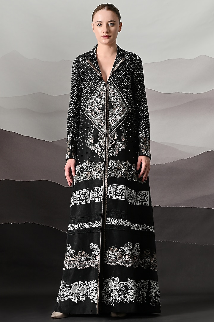 Black Linen Motif Embroidered Jacket by Samant Chauhan at Pernia's Pop Up Shop