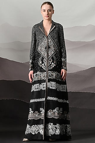 Black Linen Motif Embroidered Jacket by Samant Chauhan