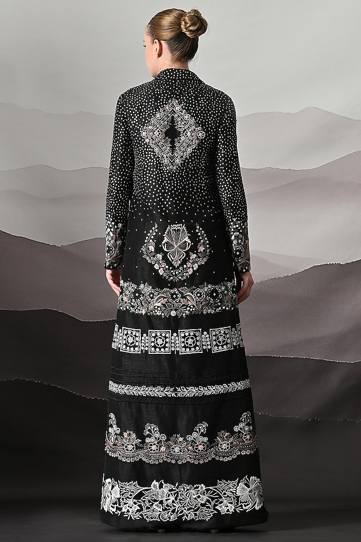 Black Linen Motif Embroidered Jacket by Samant Chauhan at Pernia's Pop Up Shop