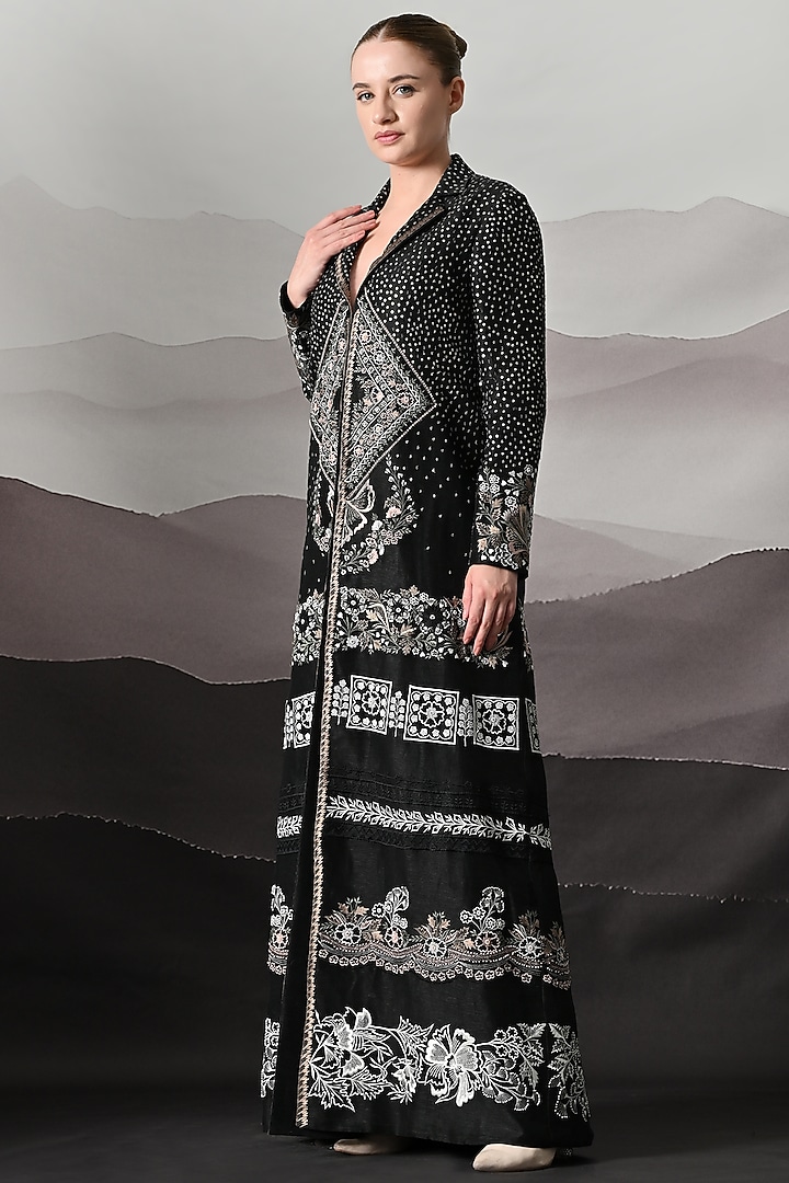 Black Linen Motif Embroidered Jacket by Samant Chauhan at Pernia's Pop Up Shop