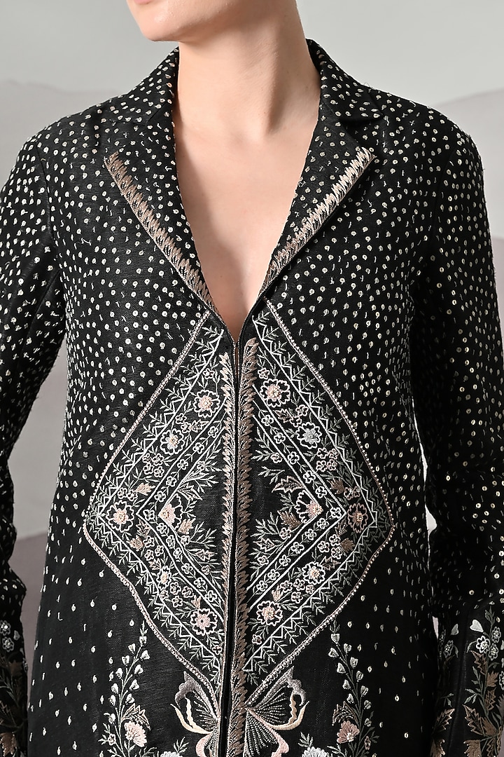 Black Linen Motif Embroidered Jacket by Samant Chauhan at Pernia's Pop Up Shop