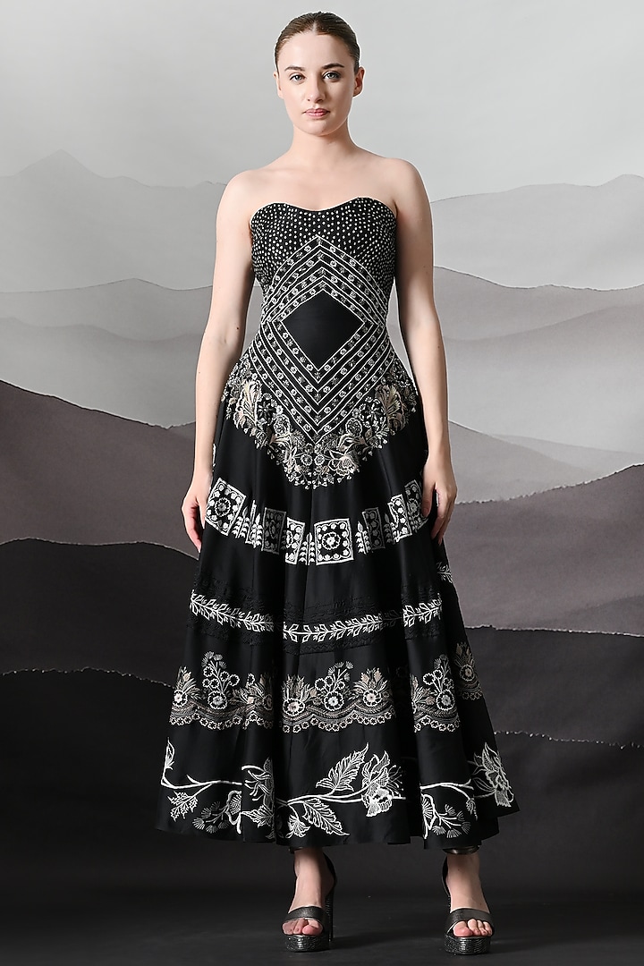 Black Cotton Silk Embroidered Strapless Party Wear Dress by Samant Chauhan at Pernia's Pop Up Shop