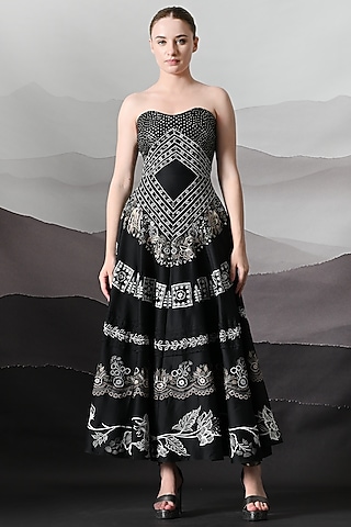 Black Cotton Silk Embroidered Strapless Dress by Samant Chauhan