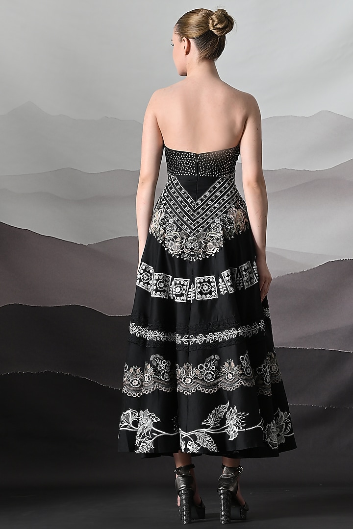 Black Cotton Silk Embroidered Strapless Party Wear Dress by Samant Chauhan at Pernia's Pop Up Shop