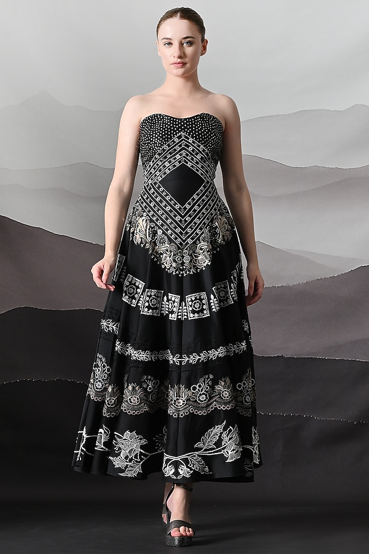 Black Cotton Silk Embroidered Strapless Party Wear Dress by Samant Chauhan at Pernia's Pop Up Shop