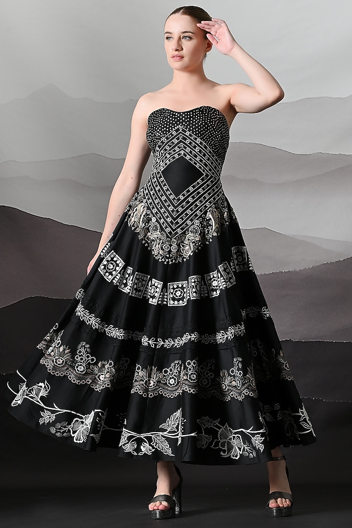 Black Cotton Silk Embroidered Strapless Party Wear Dress by Samant Chauhan at Pernia's Pop Up Shop