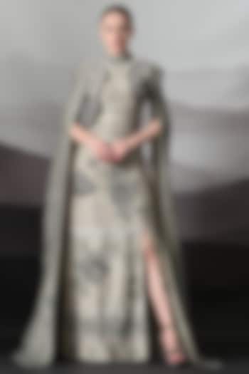 Grey Linen Botanical Embroidered Bridal Gown by Samant Chauhan at Pernia's Pop Up Shop
