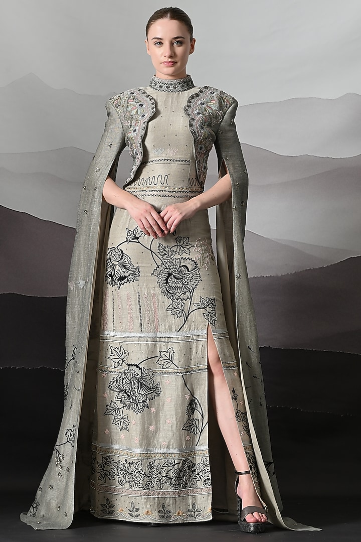 Grey Linen Botanical Embroidered Bridal Gown by Samant Chauhan at Pernia's Pop Up Shop