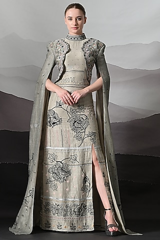 Grey Linen Botanical Embroidered Gown by Samant Chauhan