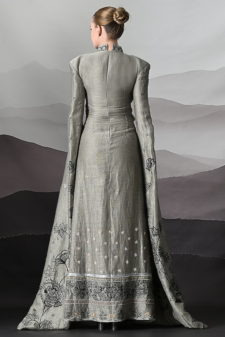 Grey Linen Botanical Embroidered Bridal Gown by Samant Chauhan at Pernia's Pop Up Shop
