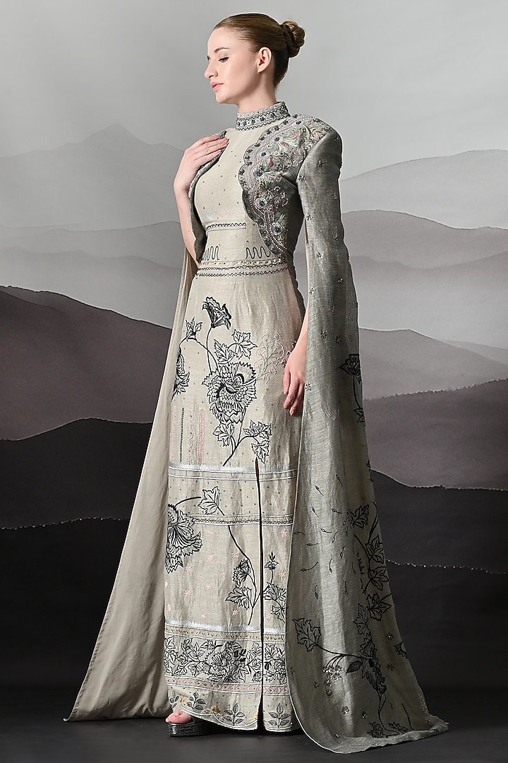 Grey Linen Botanical Embroidered Bridal Gown by Samant Chauhan at Pernia's Pop Up Shop