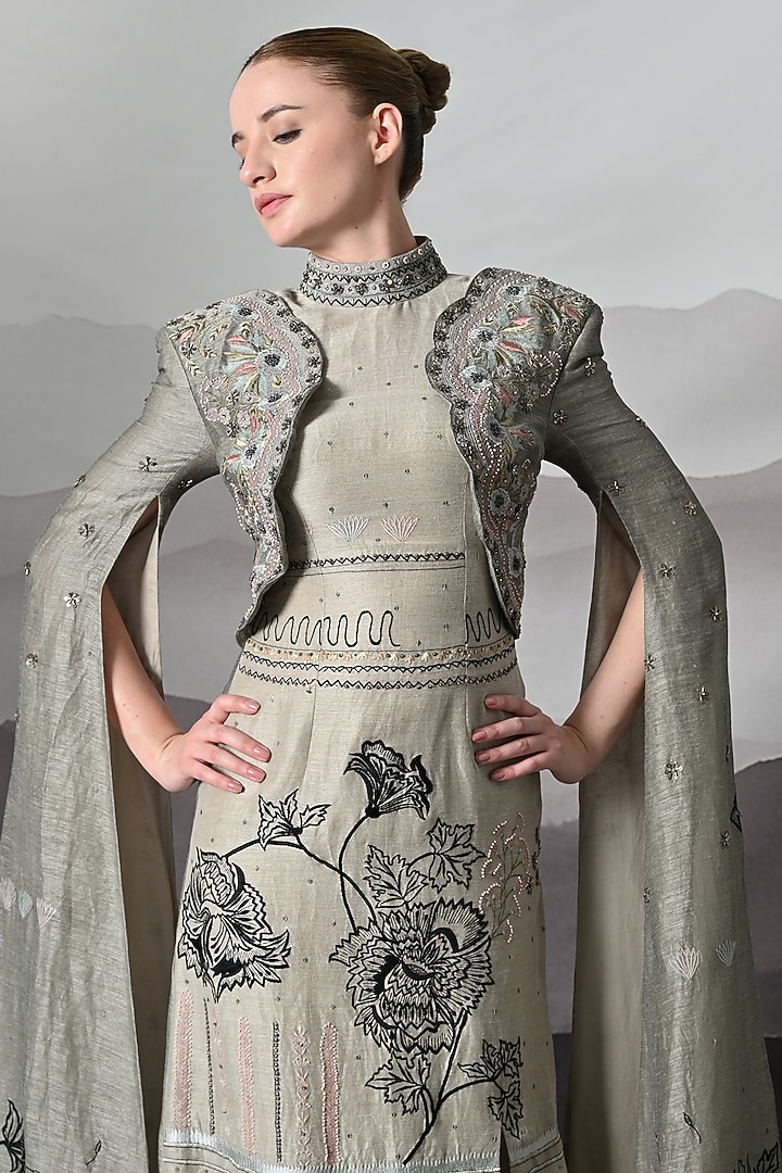 Grey Linen Botanical Embroidered Bridal Gown by Samant Chauhan at Pernia's Pop Up Shop