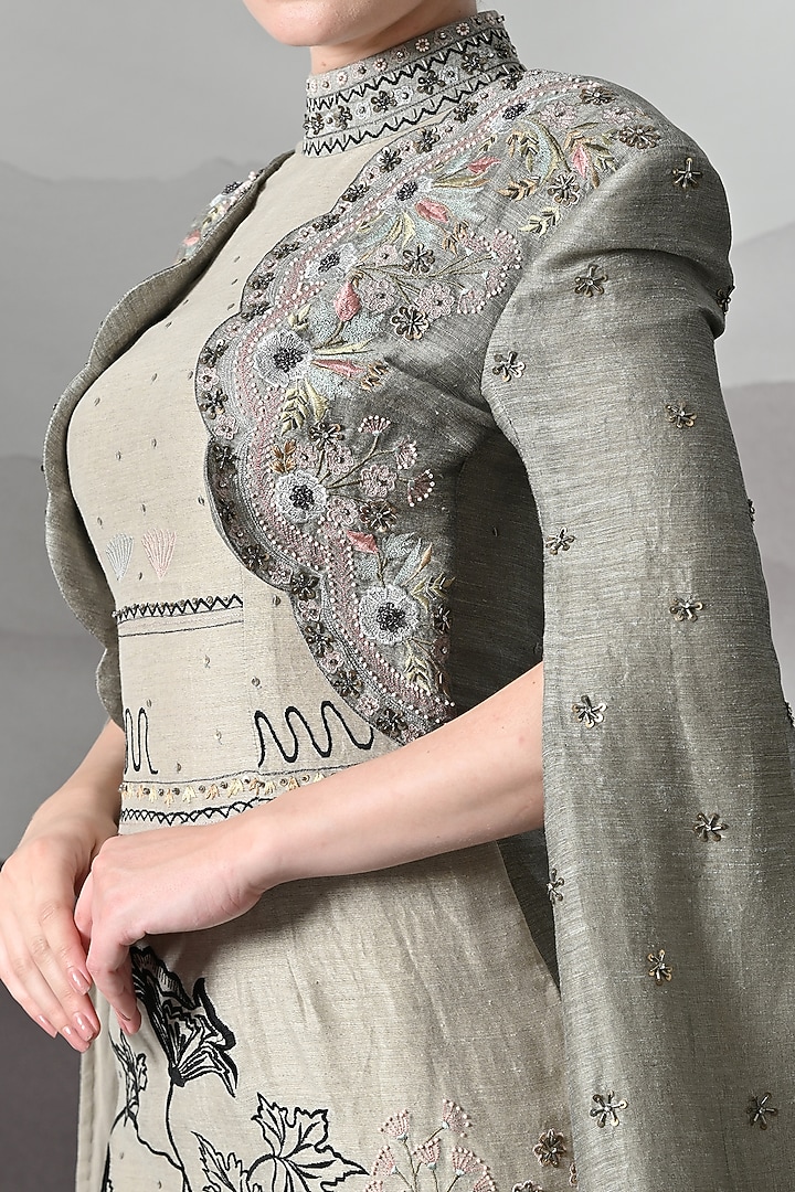 Grey Linen Botanical Embroidered Bridal Gown by Samant Chauhan at Pernia's Pop Up Shop