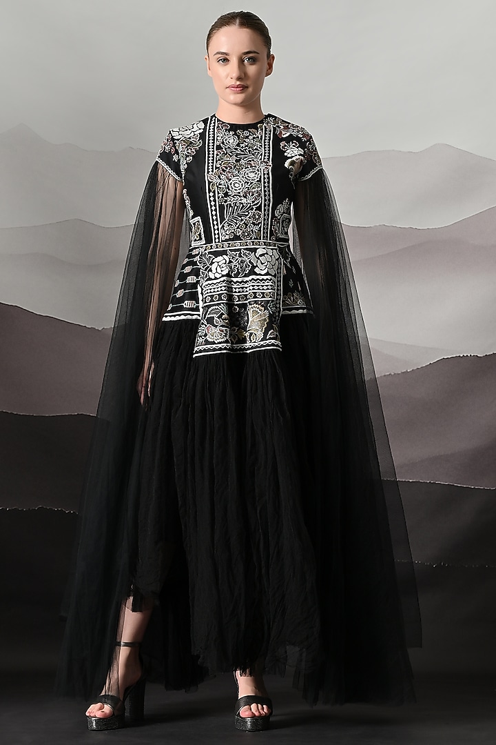 Black Net Embroidered Gathered Wedding Gown by Samant Chauhan at Pernia's Pop Up Shop