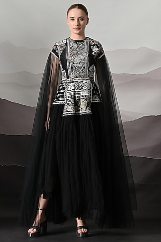 Black Net Embroidered Gathered Gown by Samant Chauhan