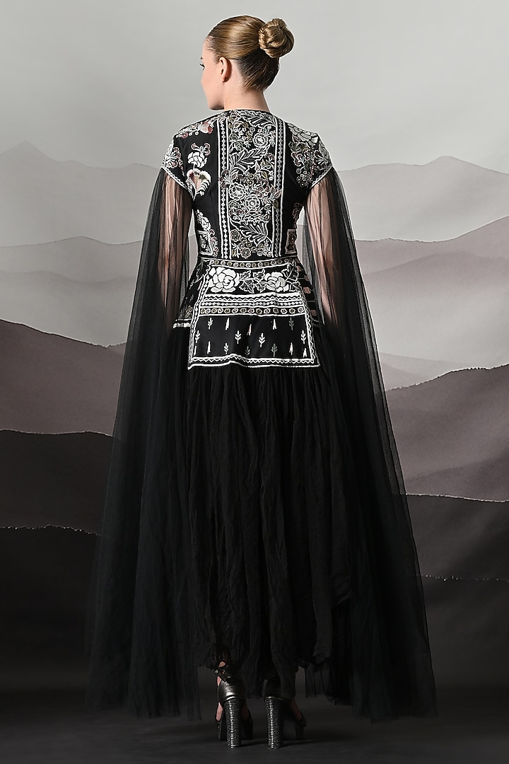 Black Net Embroidered Gathered Wedding Gown by Samant Chauhan at Pernia's Pop Up Shop