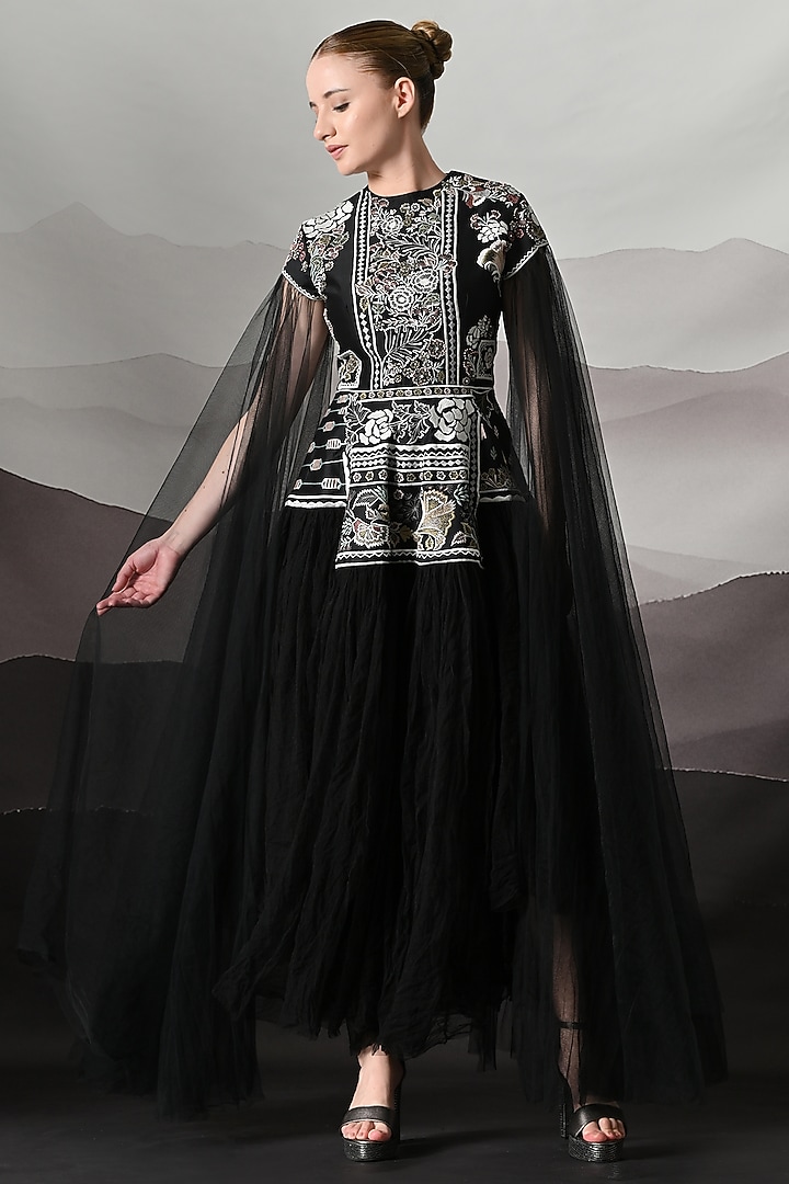 Black Net Embroidered Gathered Wedding Gown by Samant Chauhan at Pernia's Pop Up Shop