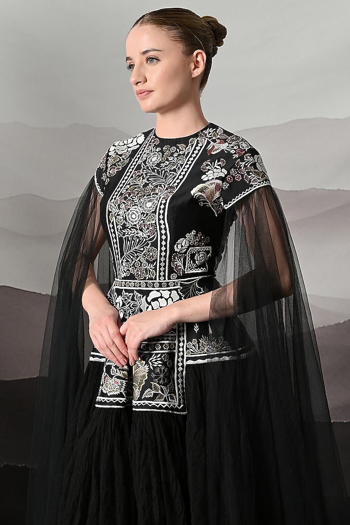 Black Net Embroidered Gathered Wedding Gown by Samant Chauhan at Pernia's Pop Up Shop