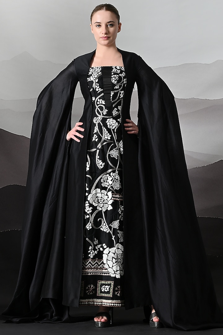 Noir Black Cotton Silk Embroidered Wedding Gown by Samant Chauhan at Pernia's Pop Up Shop