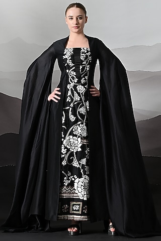 Noir Black Cotton Silk Embroidered Gown by Samant Chauhan
