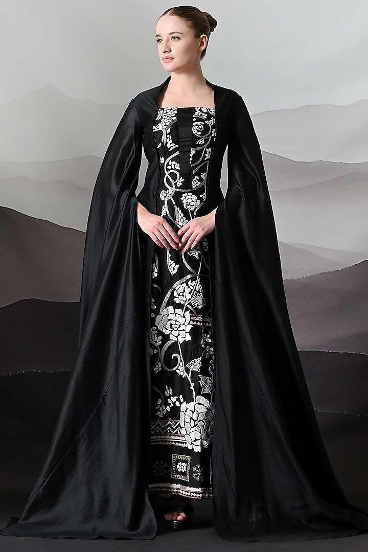 Noir Black Cotton Silk Embroidered Wedding Gown by Samant Chauhan at Pernia's Pop Up Shop