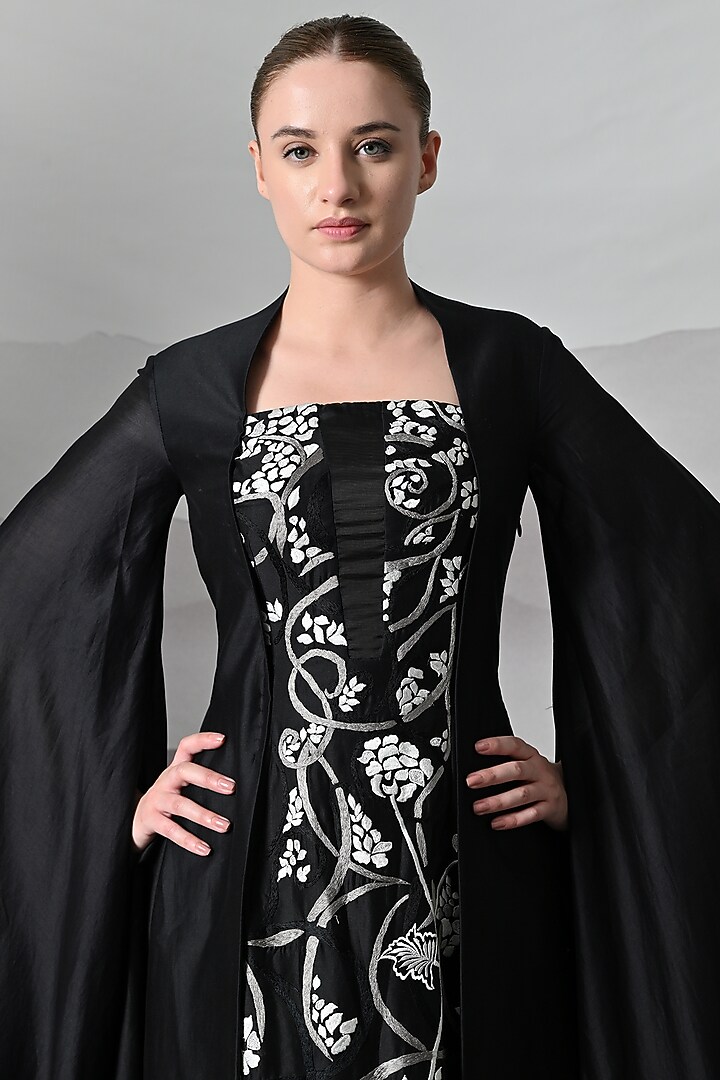 Noir Black Cotton Silk Embroidered Wedding Gown by Samant Chauhan at Pernia's Pop Up Shop