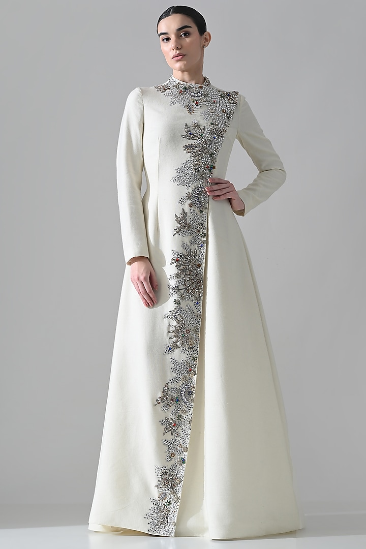 Ivory Cotton Silk Embroidered Party Wear Dress by Samant Chauhan at Pernia's Pop Up Shop
