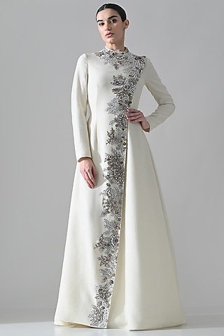 Ivory Cotton Silk Embroidered Dress by Samant Chauhan