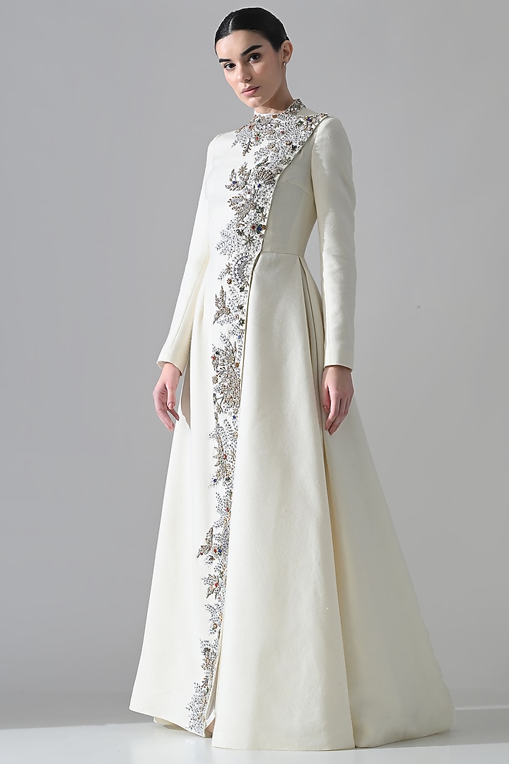 Ivory Cotton Silk Embroidered Party Wear Dress by Samant Chauhan at Pernia's Pop Up Shop