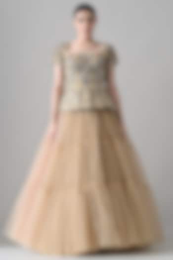 Beige Net & Cotton Silk Hand Embellished Tiered Bridal Gown by Samant Chauhan at Pernia's Pop Up Shop