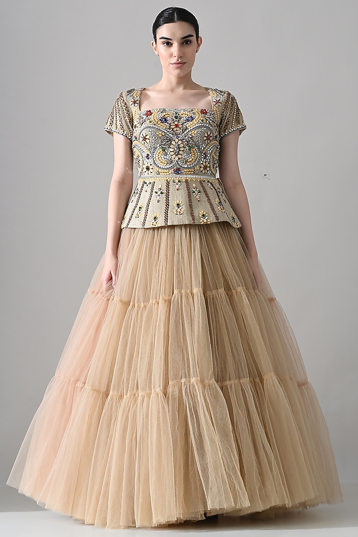 Beige Net & Cotton Silk Hand Embellished Tiered Bridal Gown by Samant Chauhan at Pernia's Pop Up Shop