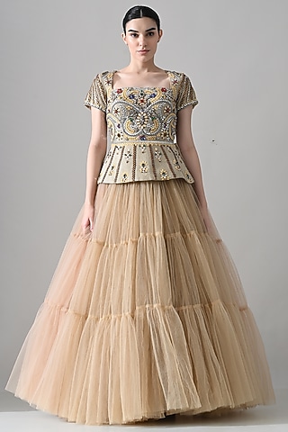 Beige Net & Cotton Silk Hand Embellished Tiered Gown by Samant Chauhan