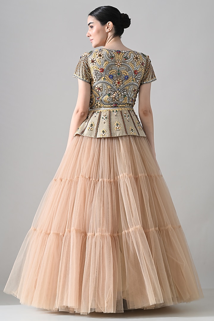 Beige Net & Cotton Silk Hand Embellished Tiered Bridal Gown by Samant Chauhan at Pernia's Pop Up Shop