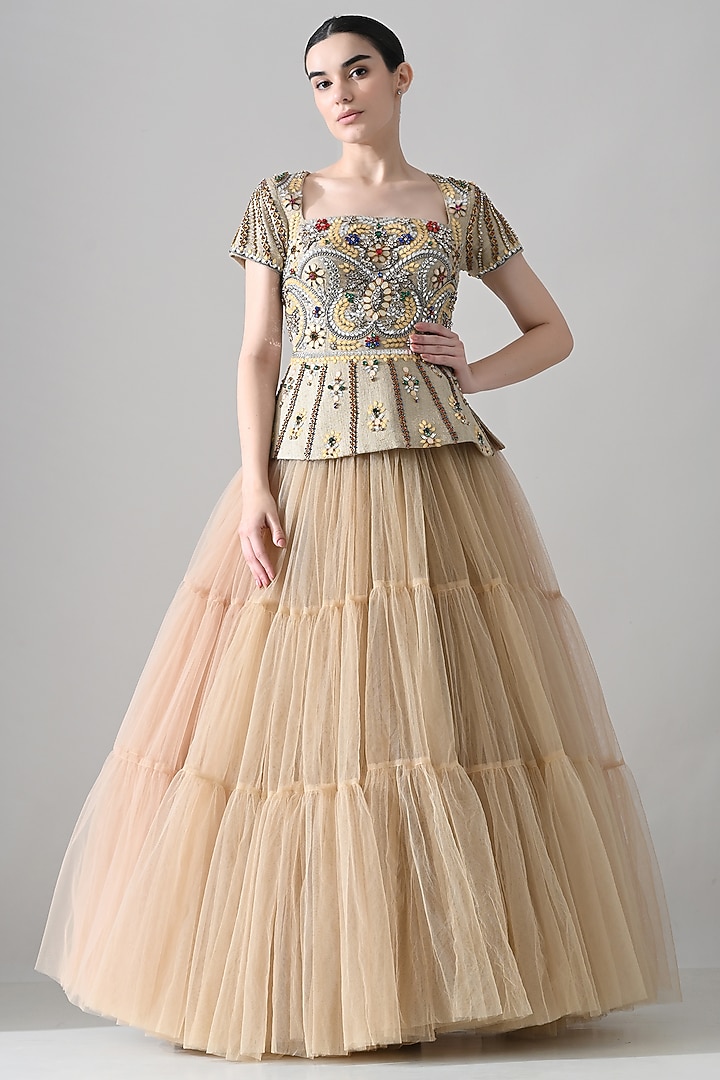Beige Net & Cotton Silk Hand Embellished Tiered Bridal Gown by Samant Chauhan at Pernia's Pop Up Shop