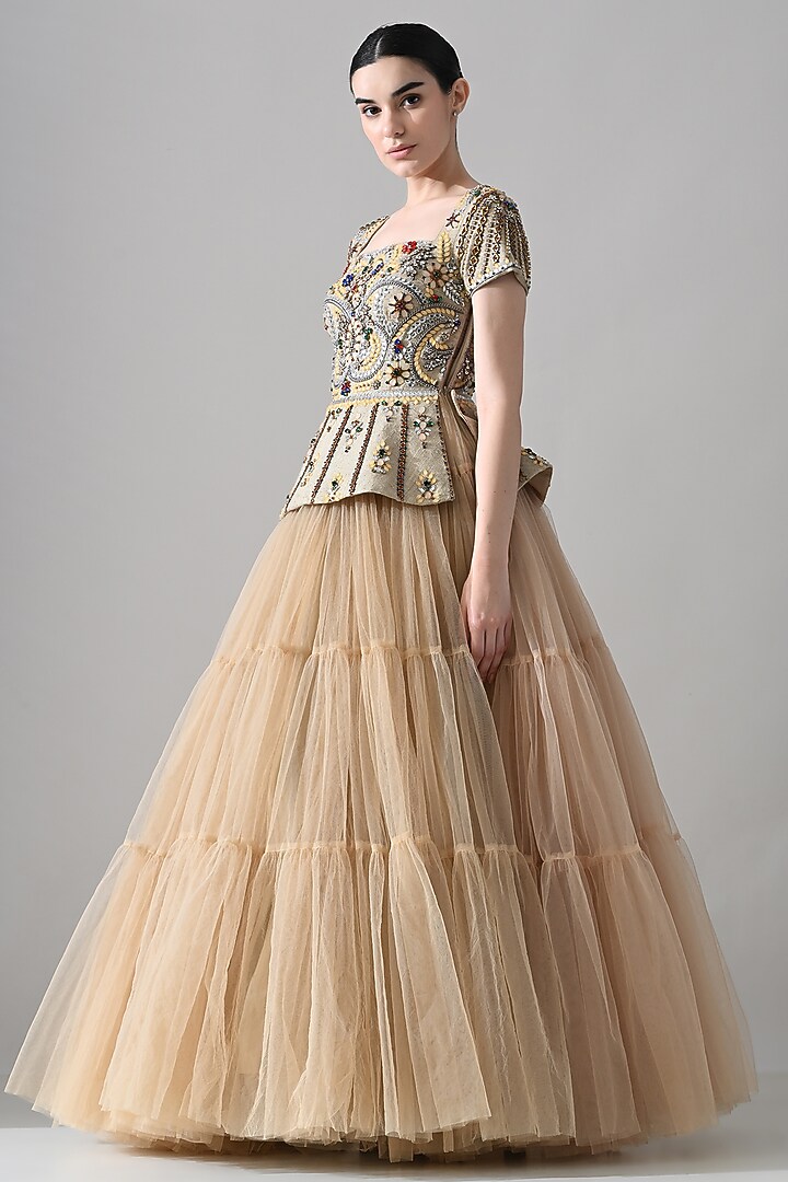 Beige Net & Cotton Silk Hand Embellished Tiered Bridal Gown by Samant Chauhan at Pernia's Pop Up Shop