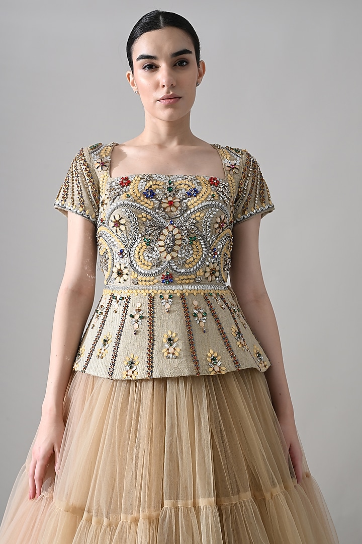 Beige Net & Cotton Silk Hand Embellished Tiered Bridal Gown by Samant Chauhan at Pernia's Pop Up Shop