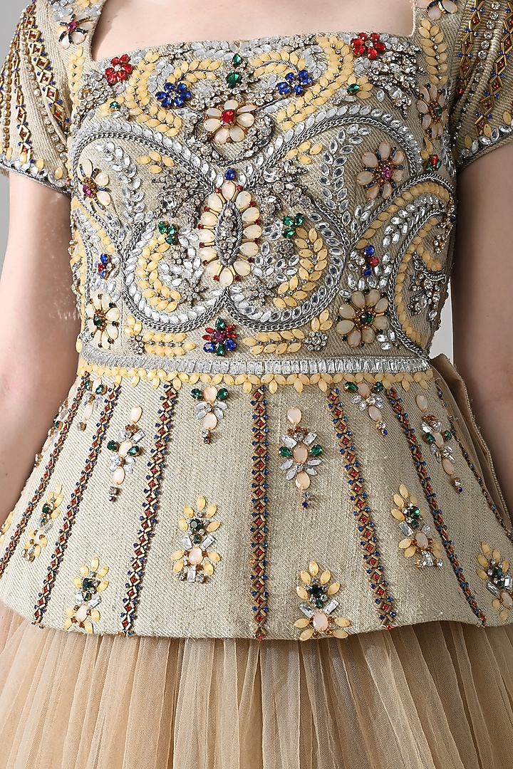 Beige Net & Cotton Silk Hand Embellished Tiered Bridal Gown by Samant Chauhan at Pernia's Pop Up Shop