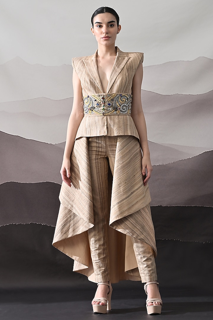 Beige Tussar Silk Sequins Hand Embellished Co-Ord Set  by Samant Chauhan at Pernia's Pop Up Shop