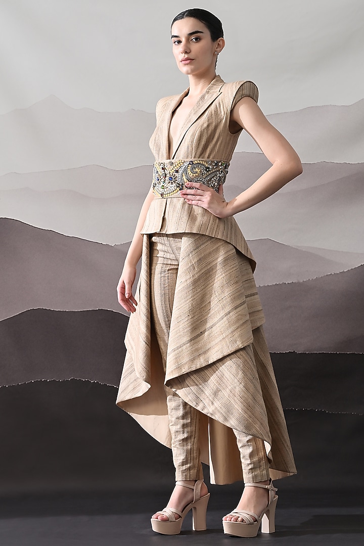 Beige Tussar Silk Sequins Hand Embellished Co-Ord Set by Samant Chauhan at Pernia's Pop Up Shop