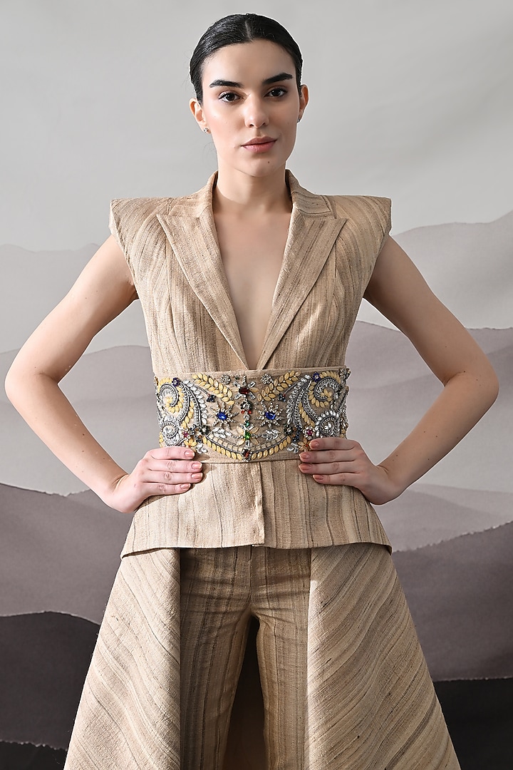 Beige Tussar Silk Sequins Hand Embellished Co-Ord Set by Samant Chauhan at Pernia's Pop Up Shop