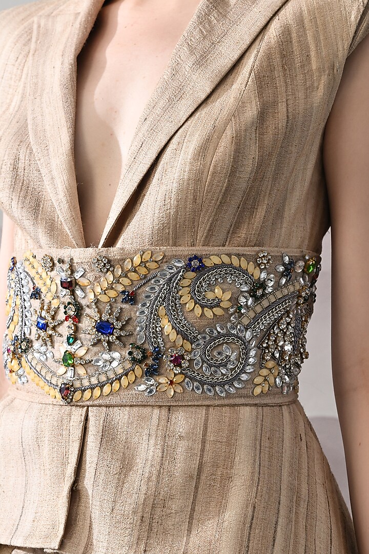 Beige Tussar Silk Sequins Hand Embellished Co-Ord Set by Samant Chauhan at Pernia's Pop Up Shop