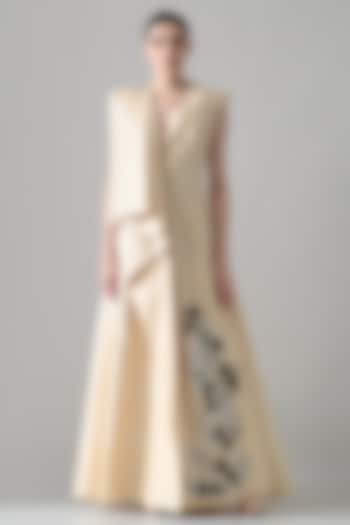 Cream Cotton Silk Hand Embroidered Draped Party Wear Dress by Samant Chauhan at Pernia's Pop Up Shop