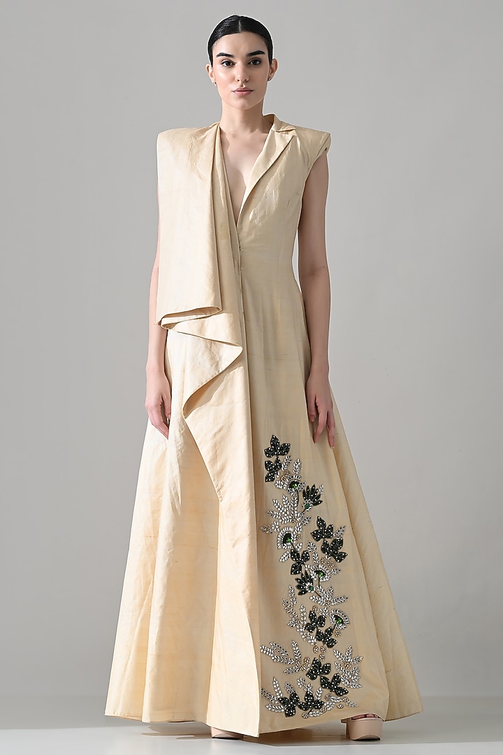 Cream Cotton Silk Hand Embroidered Draped Party Wear Dress by Samant Chauhan at Pernia's Pop Up Shop