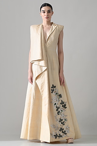 Cream Cotton Silk Hand Embroidered Draped Dress by Samant Chauhan