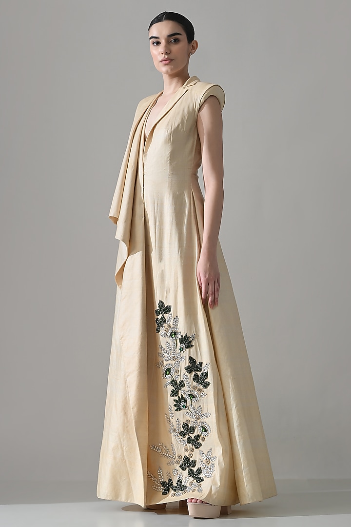 Cream Cotton Silk Hand Embroidered Draped Party Wear Dress by Samant Chauhan at Pernia's Pop Up Shop