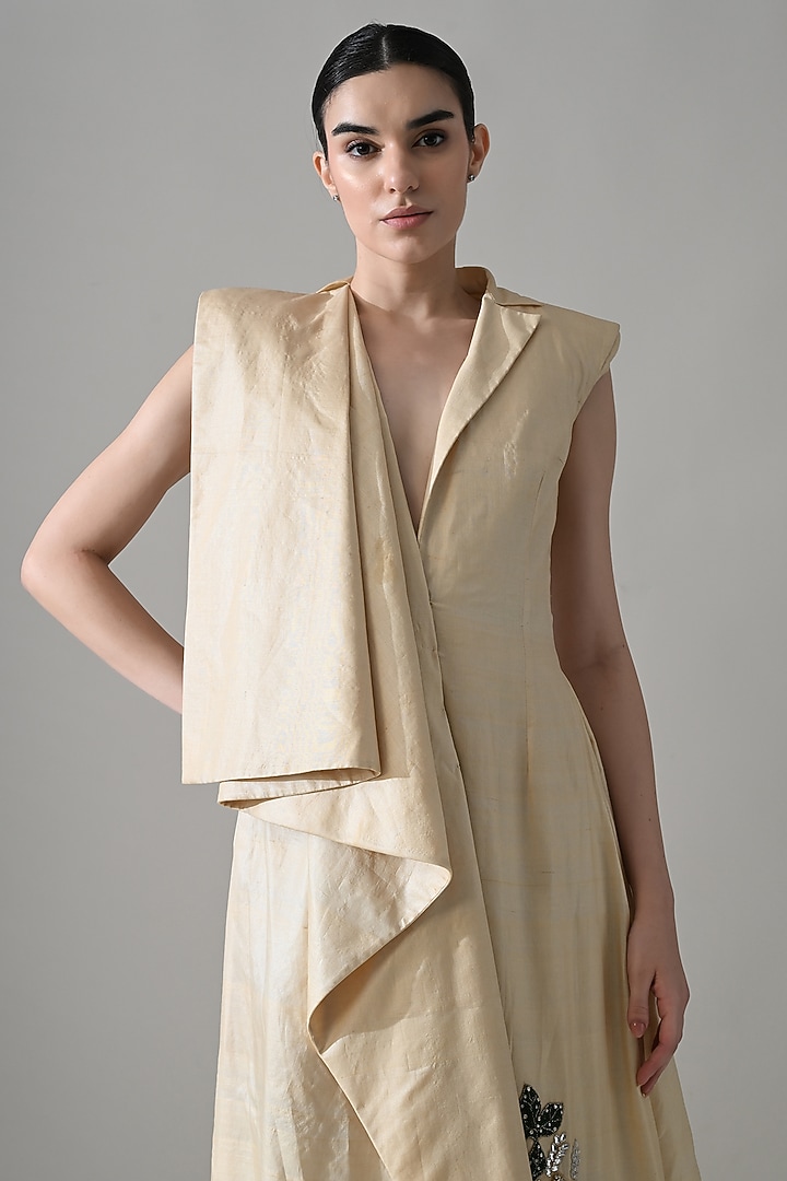 Cream Cotton Silk Hand Embroidered Draped Party Wear Dress by Samant Chauhan at Pernia's Pop Up Shop