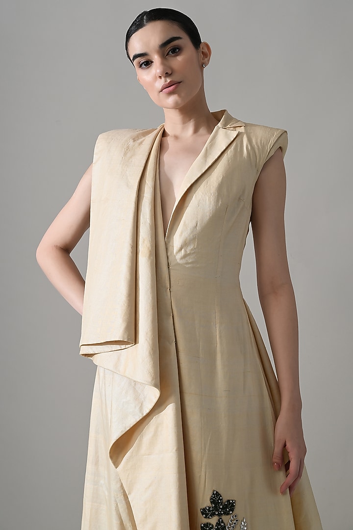 Cream Cotton Silk Hand Embroidered Draped Party Wear Dress by Samant Chauhan at Pernia's Pop Up Shop