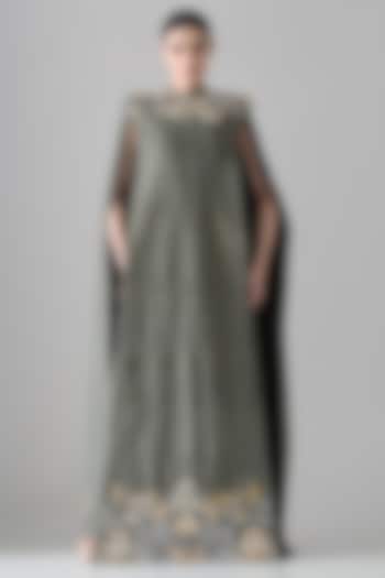 Grey Raw Silk Floral Hand Embroidered Cape Party Wear Dress by Samant Chauhan at Pernia's Pop Up Shop