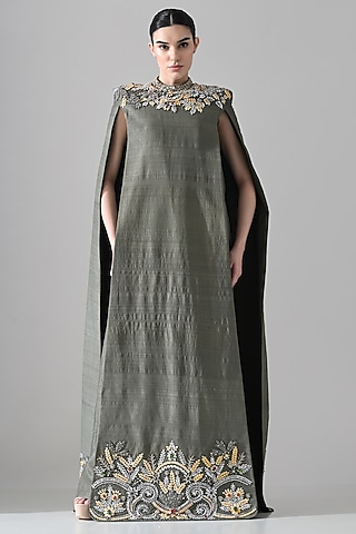 Grey Raw Silk Floral Hand Embroidered Cape Dress by Samant Chauhan