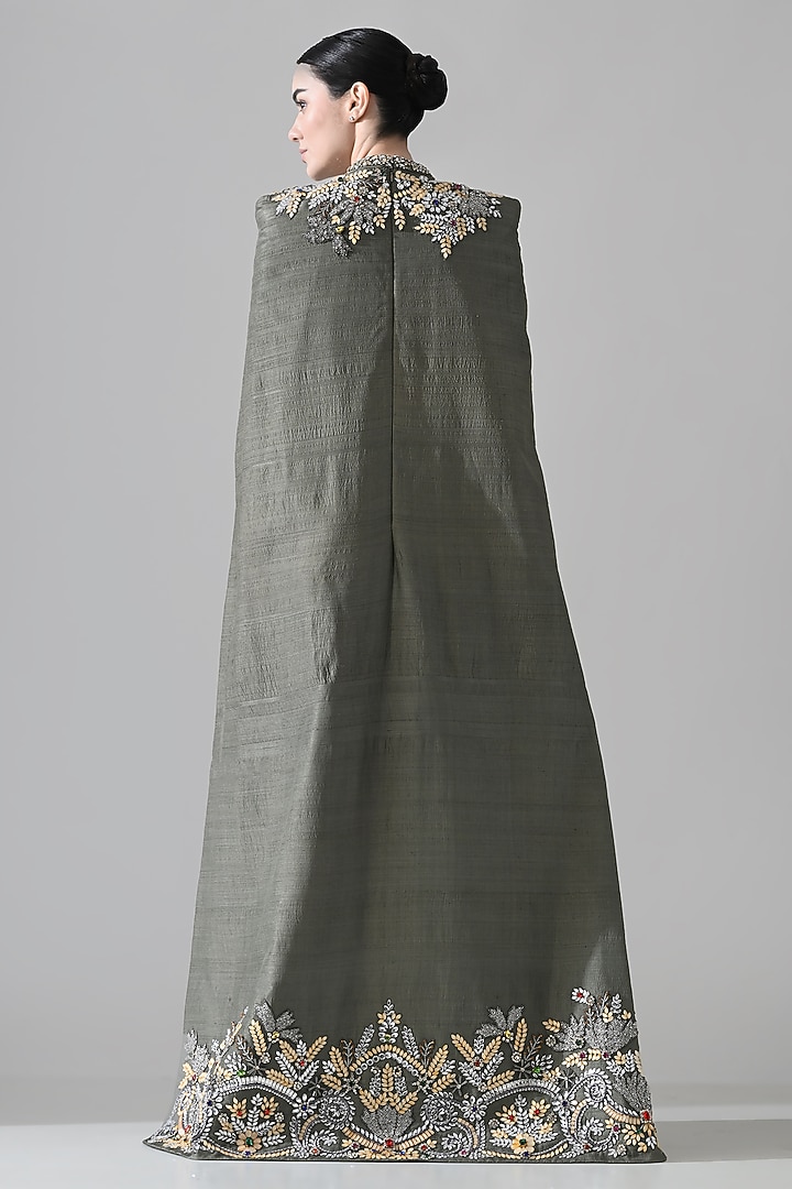 Grey Raw Silk Floral Hand Embroidered Cape Party Wear Dress by Samant Chauhan at Pernia's Pop Up Shop